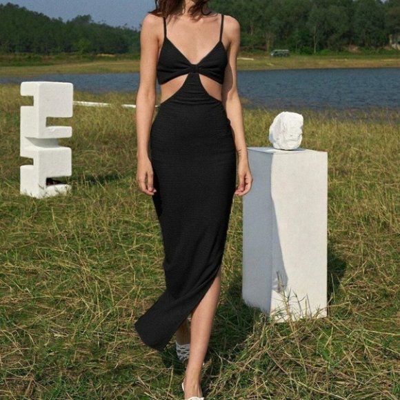 BODYCON CUT OUT SLPIT HEM MAXI DRESS BLACK - Picture 5 of 13